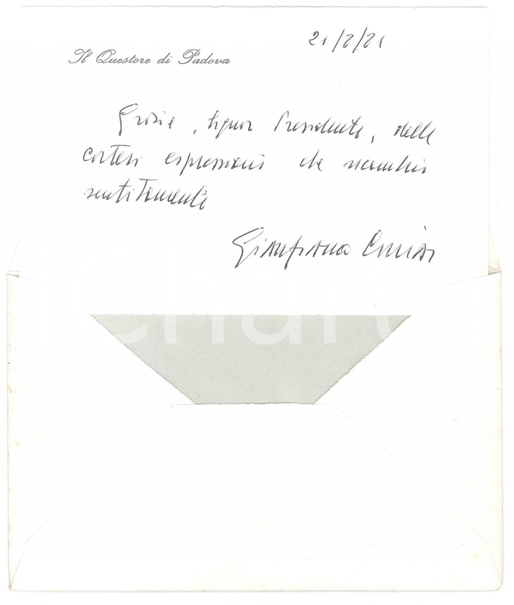 Autografo originale 1981 PADOVA Questore Gianfranco CORRIAS  Biglietto AUTOGRAFO ringraziamento 1