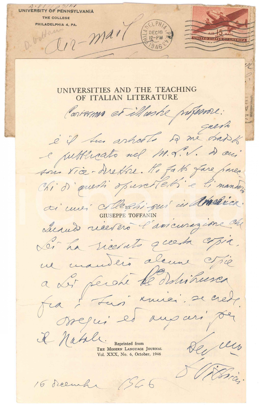 Autografo originale 1946 PHILADELPHIA Lettera Domenico VITTORINI su opuscolo  Autografo 1