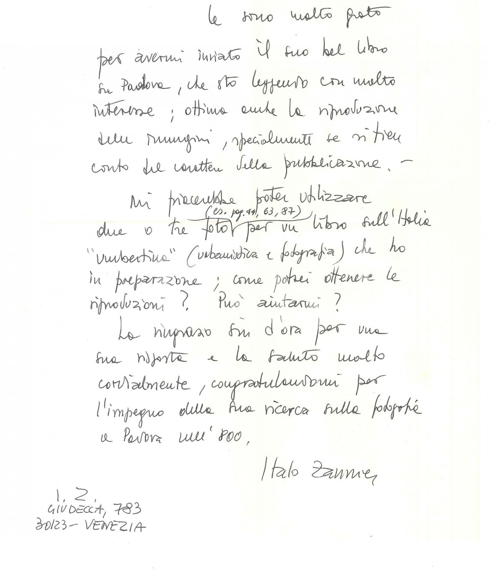 Autografo originale 1982 VENEZIA Italo ZANNIER ringrazia per libro su Padova  Autografo 1