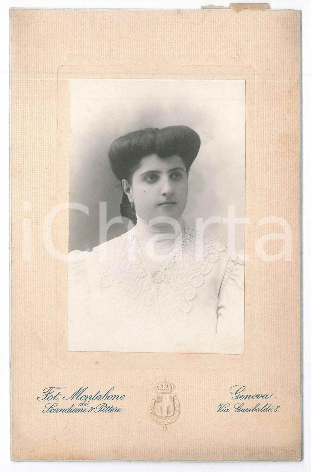 Fotografia d epoca originale 1905 GENOVA Giovane donna in abito di pizzo bianco Foto MONTABONE 10x14 cm 1