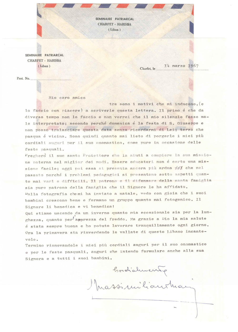 Autografo originale 1967 CHARFET LIBANO Lettera fra Massimiliano CHILIN a un amico AUTOGRAFO 1