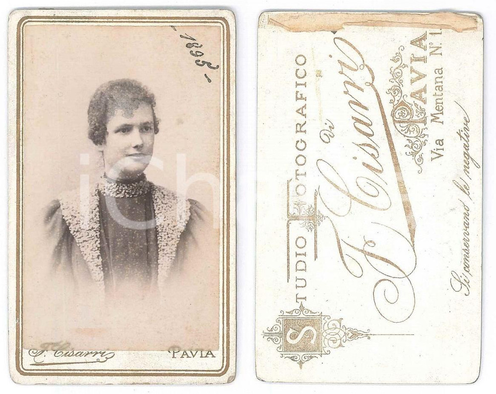 Fotografia d epoca originale 1895 PAVIA Donna con abito ricamato  Ritratto Foto Francesco CISARRI CDV 1