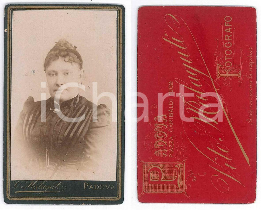 Fotografia d epoca originale 1880 ca PADOVA Ritratto di donna in abito a righe Foto Vito MALAGUTI CDV 1