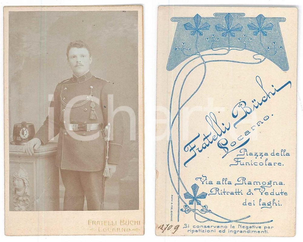 Fotografia d epoca originale 1910 ca LOCARNO CH  Ufficiale ESERCITO SVIZZERO Foto Fratelli BÃœCHI CDV 1