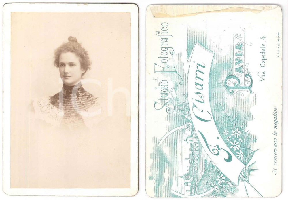 Fotografia d epoca originale 1900 ca PAVIA Giovane donna con abito ricamato  Ritratto 2 Foto F. CISARRI 1