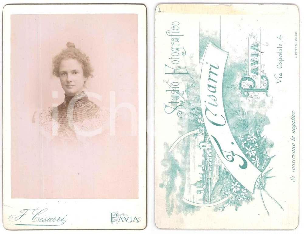 Fotografia d epoca originale 1900 ca PAVIA Giovane donna con abito ricamato  Ritratto 1 Foto F. CISARRI 1