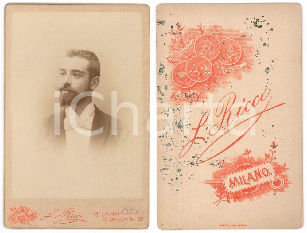 Fotografia d epoca originale 1894 MILANO Ritratto di giovane uomo  Busto  Foto Leone RICCI 11x16 1