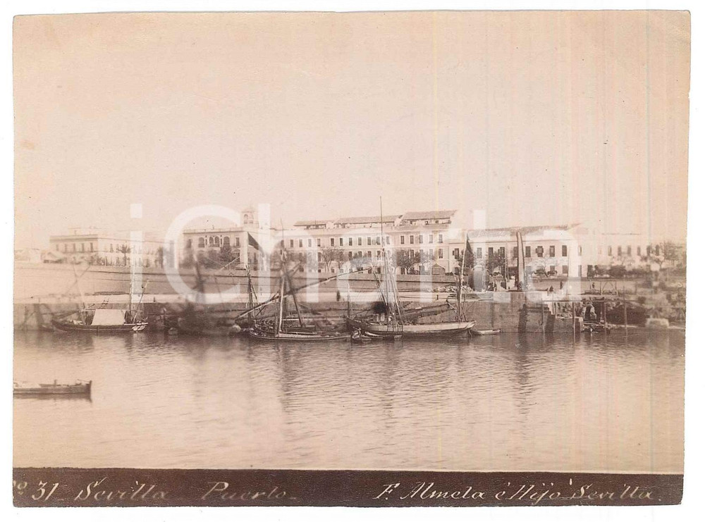 Fotografia d epoca originale 1900 ca SEVILLA ESPAÃ‘A Puerto Foto Francisco ALMELA / hijo 13x10 cm 1