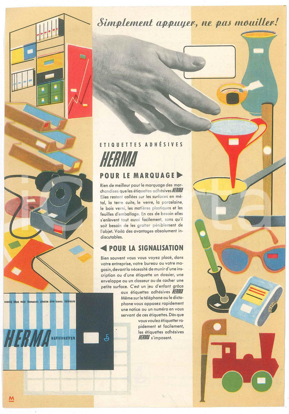 Materiale pubblicitario d’epoca 1957 BELGIQUE Etiquettes adhÃ©sives HERMA  Volantino 15x20 cm 1