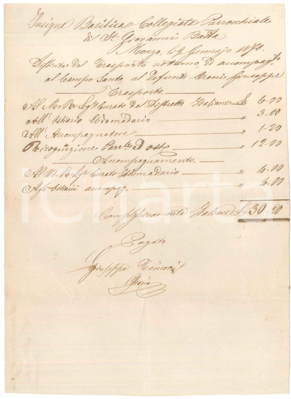 Documento originale, autentico 1870 MONZA Chiesa S. Giovanni Battista  Conto chierico Giuseppe TENCONI 1