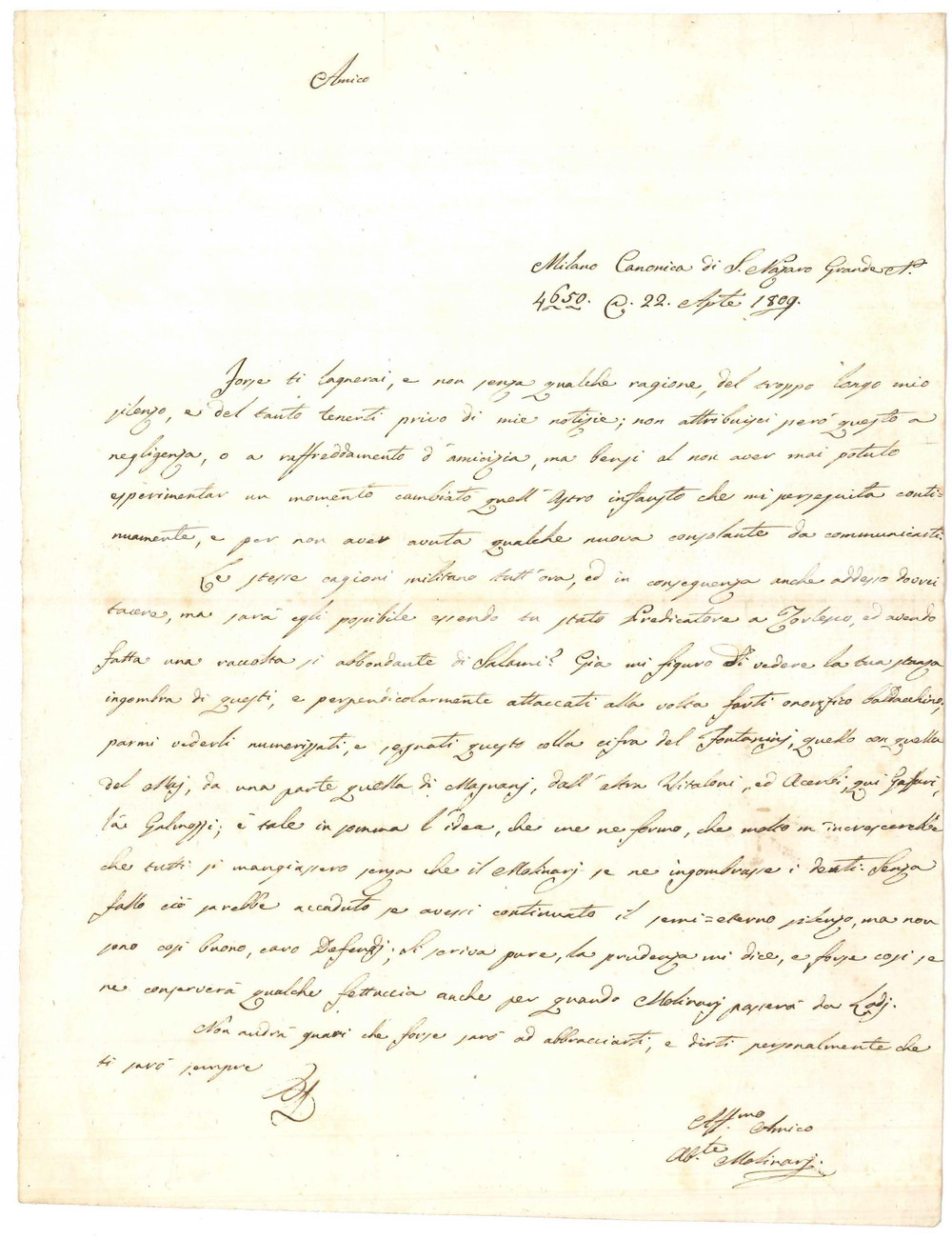 Documento originale, autentico 1809 MILANO S. NAZARO GRANDE Lettera abate MOLINARI goloso di salami Autografo 1