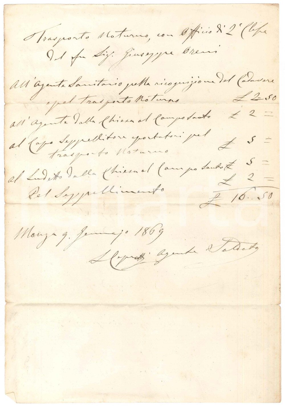Documento originale, autentico 1869 MONZA Conto trasporto notturno e sepoltura di Giuseppe ORENI Manoscritto 1