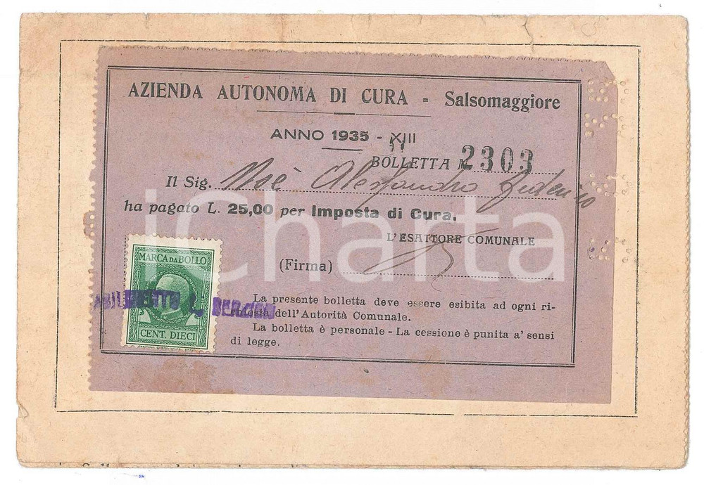 Documento originale, autentico 1935 SALSOMAGGIORE Azienda Autonoma di Cura  Bolletta Alessandro Federico NOE 1