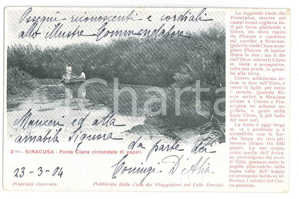Cartolina originale da collezione 1904 SIRACUSA Fonte CIANE circondata di papiri  Cartolina postale FP VG 1