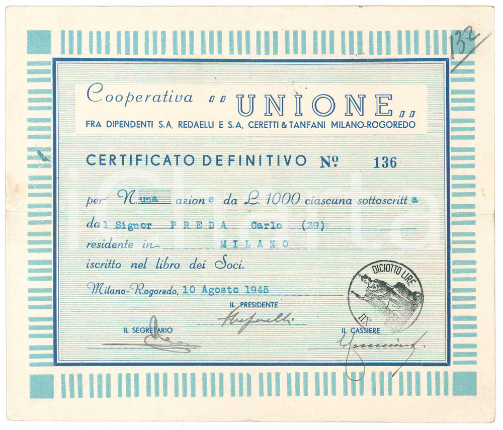 Oggetto da collezione cartaceo 1945 MILANO ROGOREDO Cooperativa UNIONE  Certificato 1 azione L. 1000 1