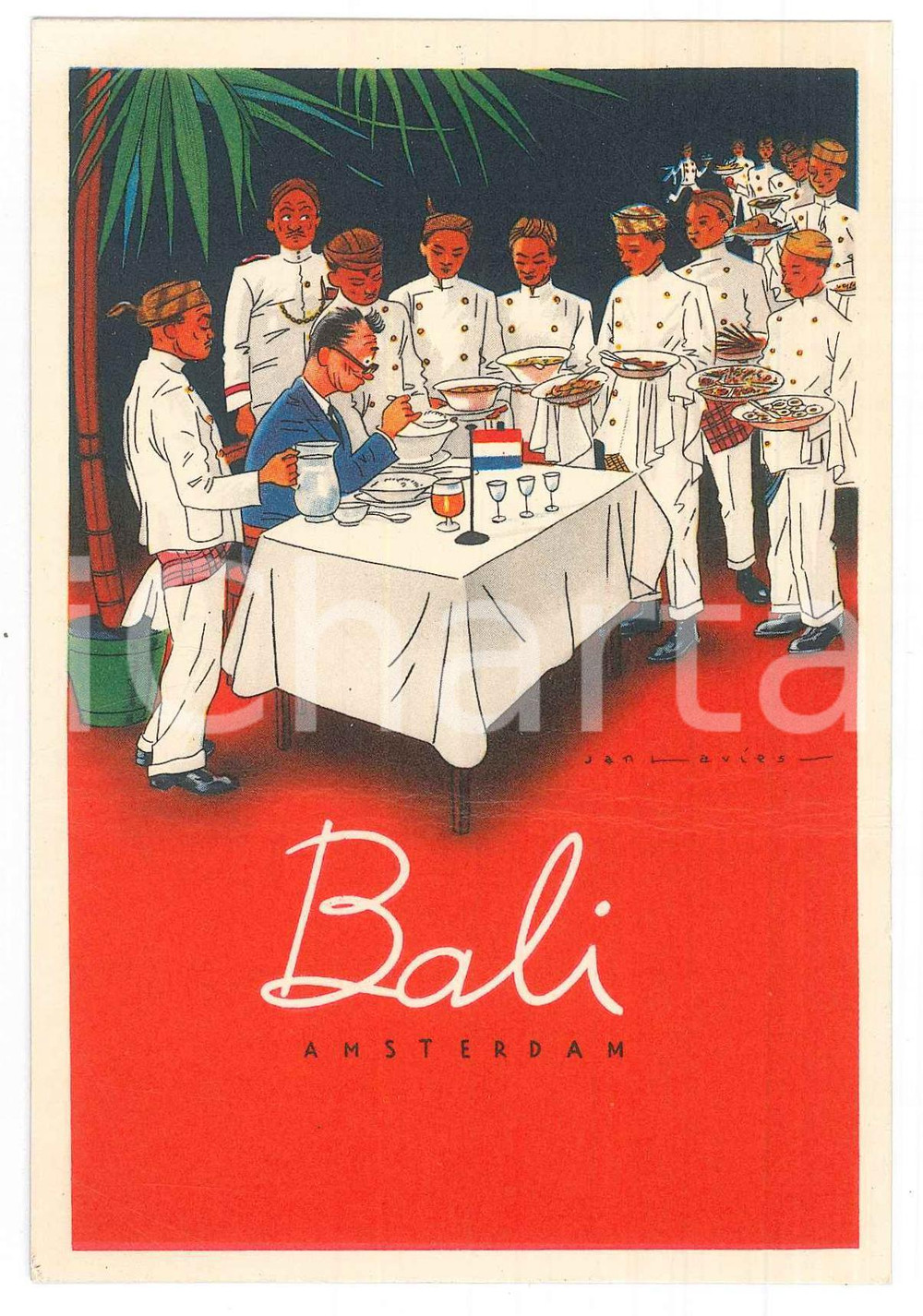 Cartolina originale da collezione 1960 ca AMSTERDAM  Indisch Restaurant BALI  Ill. Jan LAVIES DAMAGED Postcard 1