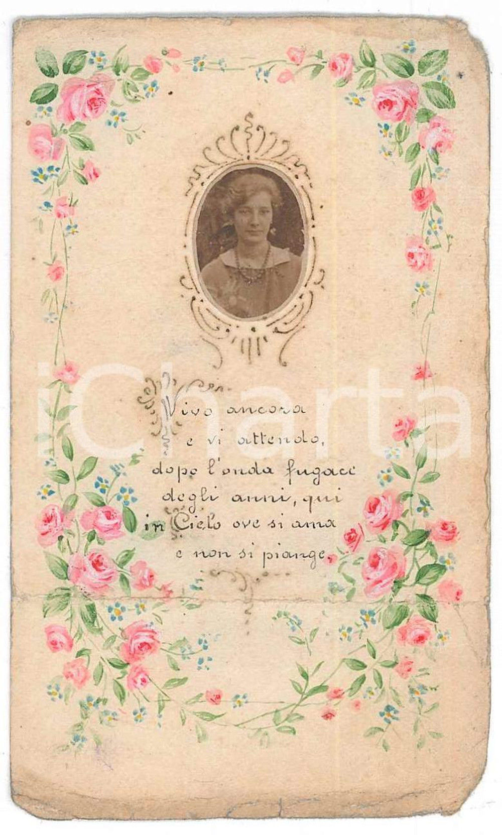 Oggetto da collezione cartaceo 1920 ca COSTUME ITALIA Santino donna con vera foto 6x11 cm 1