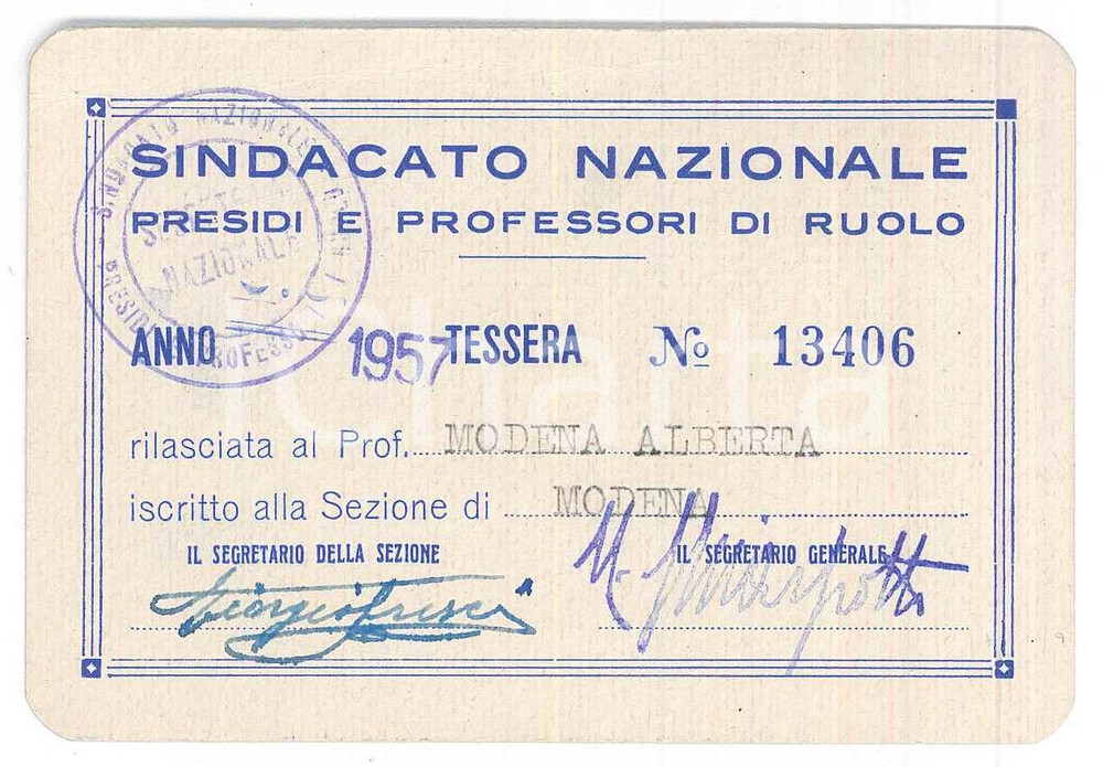 Oggetto da collezione cartaceo 1957 MODENA Sindacato Presidi e Professori di Ruolo  Tessera Alberta MODENA 1