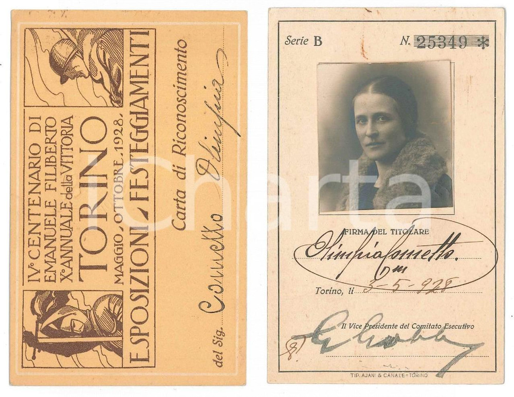 Oggetto da collezione cartaceo 1928 TORINO Centenario Emanuele Filiberto  Carta di riconoscimento con foto 1