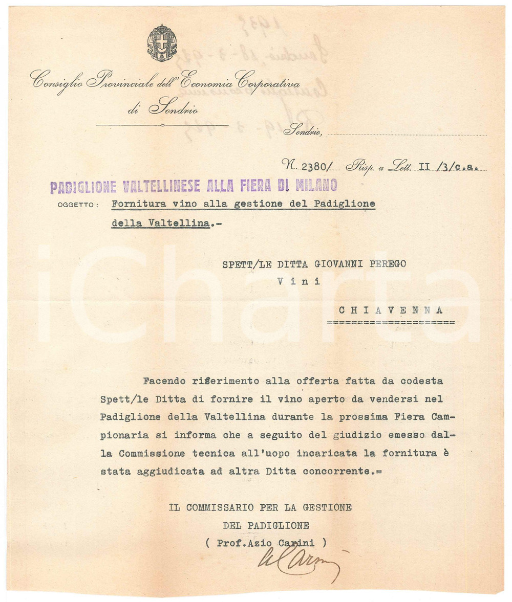 Documento originale, autentico 1935 SONDRIO Padiglione Valtellinese Fiera di Milano  Lettera fornitura vino 1