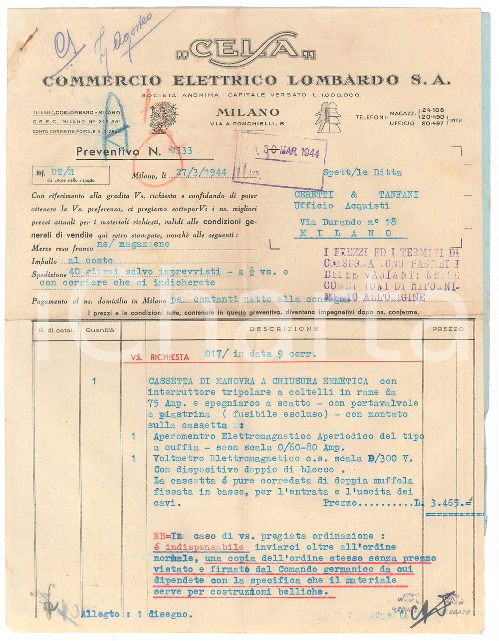 Documento originale, autentico 1944 MILANO via Ponchielli  Ditta CELSA  Fattura e disegno cassetta di manovra 1