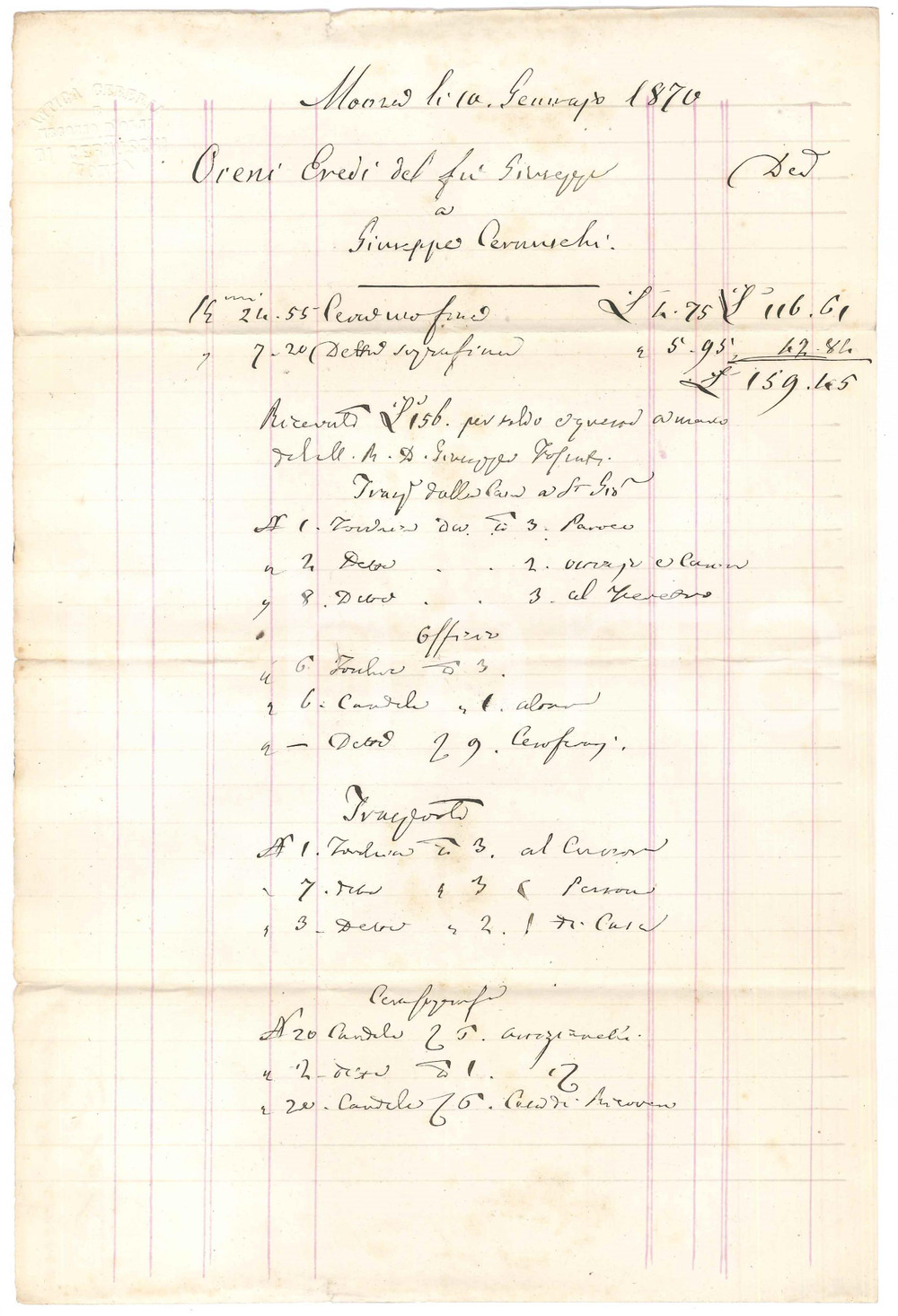 Documento originale, autentico 1870 MONZA Conto Giuseppe CERNUSCHI cereria e olii per rito funebre Manoscritto 1