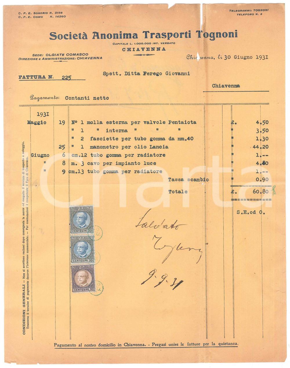 Documento originale, autentico 1931 CHIAVENNA SO SocietÃ  Anonima Trasporti TOGNONI  Fattura 1