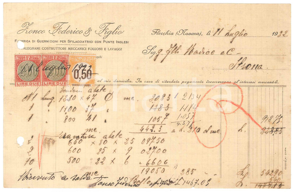 Documento originale, autentico 1922 FLECCHIA BI ZONCO Federico & Figlio  Fattura lavoro in abete 1