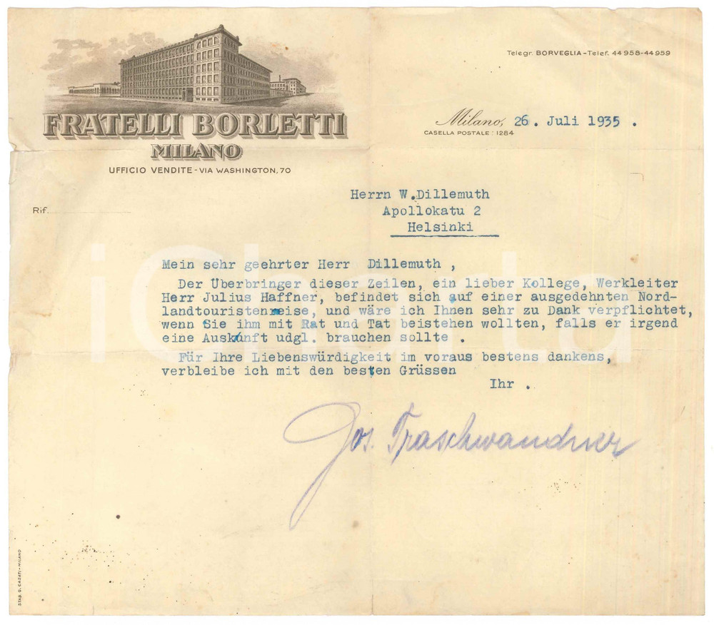 Documento originale, autentico 1935 MILANO via Washington 70  Ditta FRATELLI BORLETTI  Lettera commerciale 1