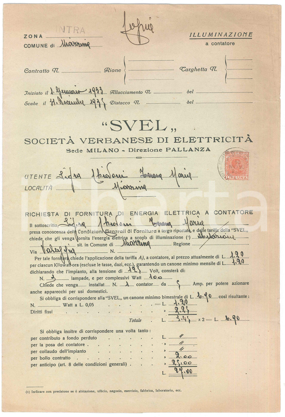 Documento originale, autentico 1932 MIAZZINA VCO SVEL SocietÃ  Verbanese ElettricitÃ  Richiesta Maria CHIOVANI 1
