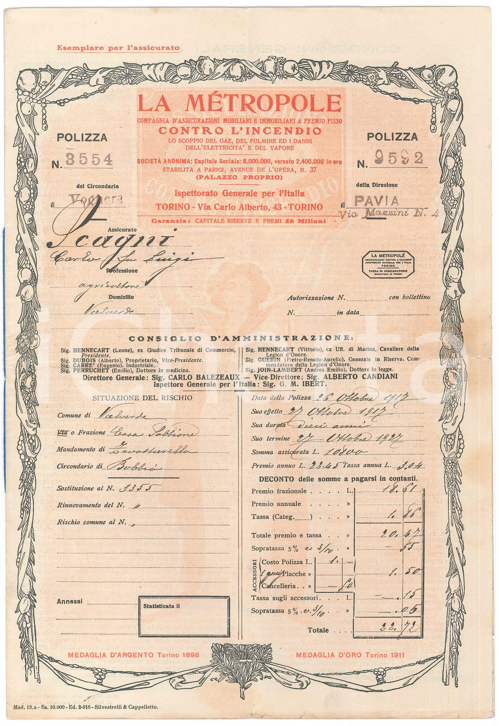 Documento originale, autentico 1917 VALVERDE PV  LA METROPOLE  Polizza incendio per fabbricati 1