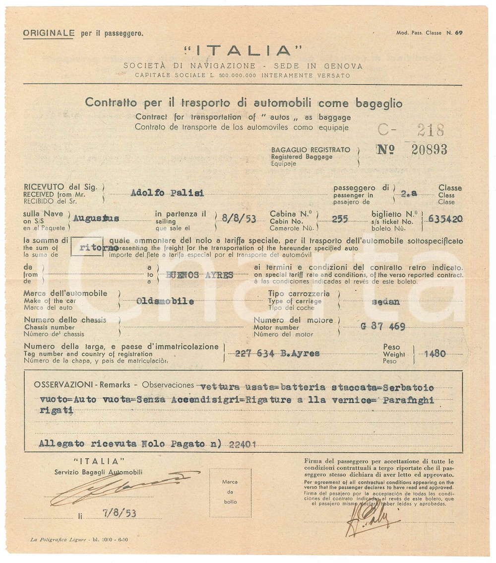 Documento originale, autentico 1953 Navigazione ITALIA  Contratto trasporto automobili su nave AUGUSTUS 1