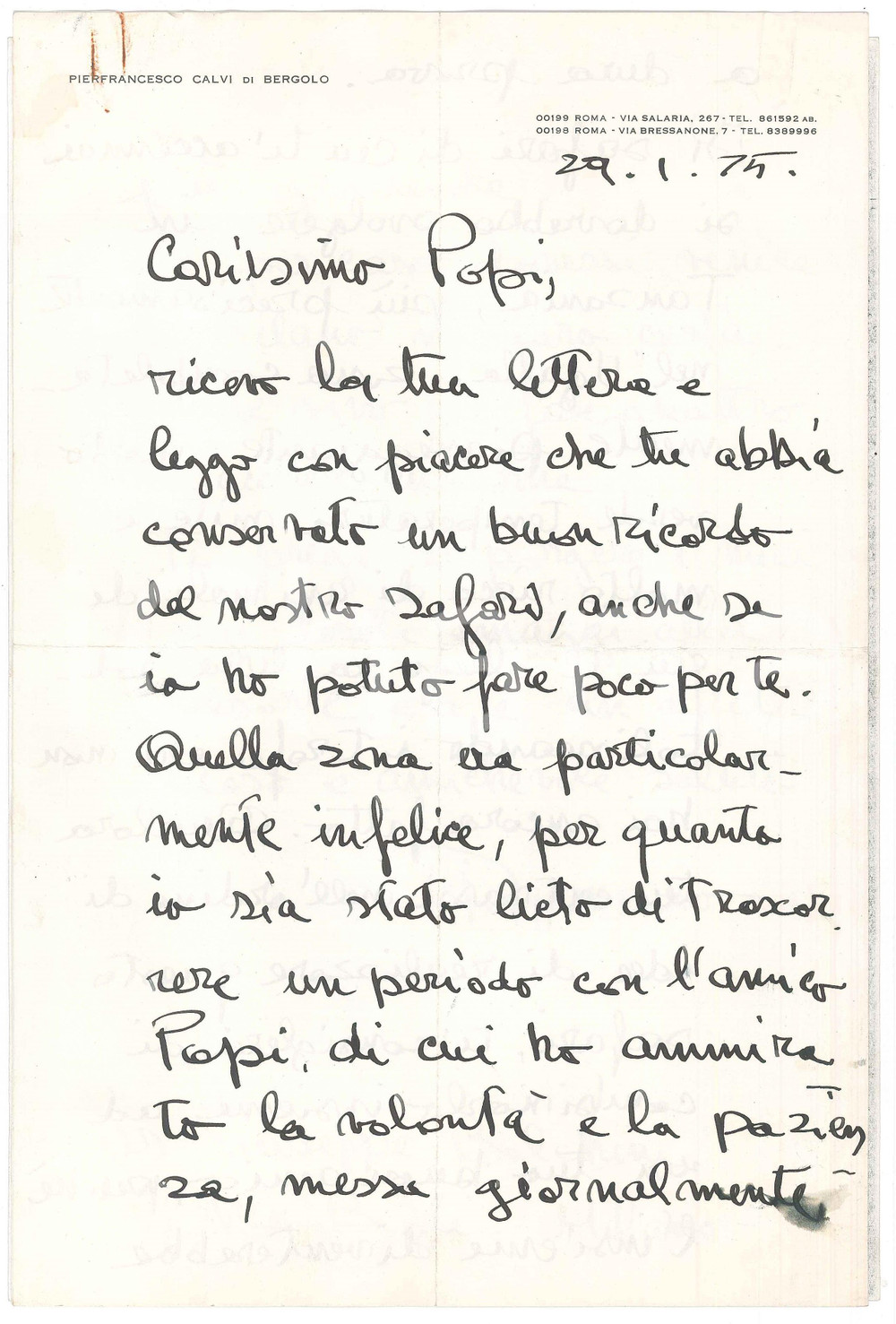 Autografo originale 1975 ROMA Pierfrancesco CALVI DI BERGOLO programma safari in Tanzania Autografo 1