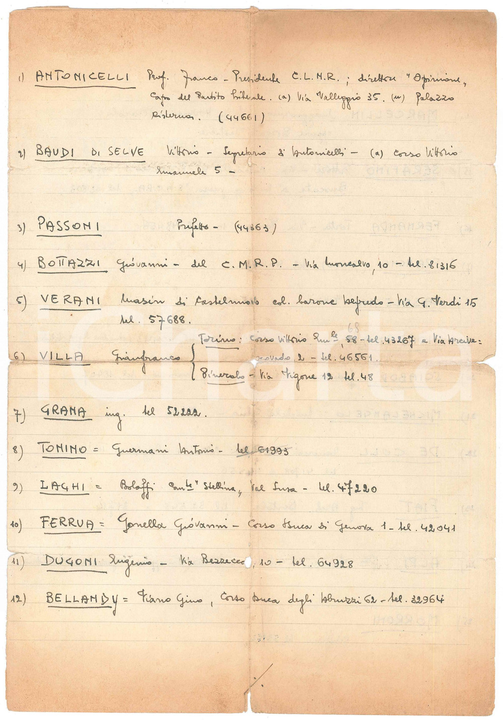 Documento originale, autentico 1945 TORINO LIBERAZIONE C.L.N.  Elenco autoritÃ  e antifascisti Manoscritto 1