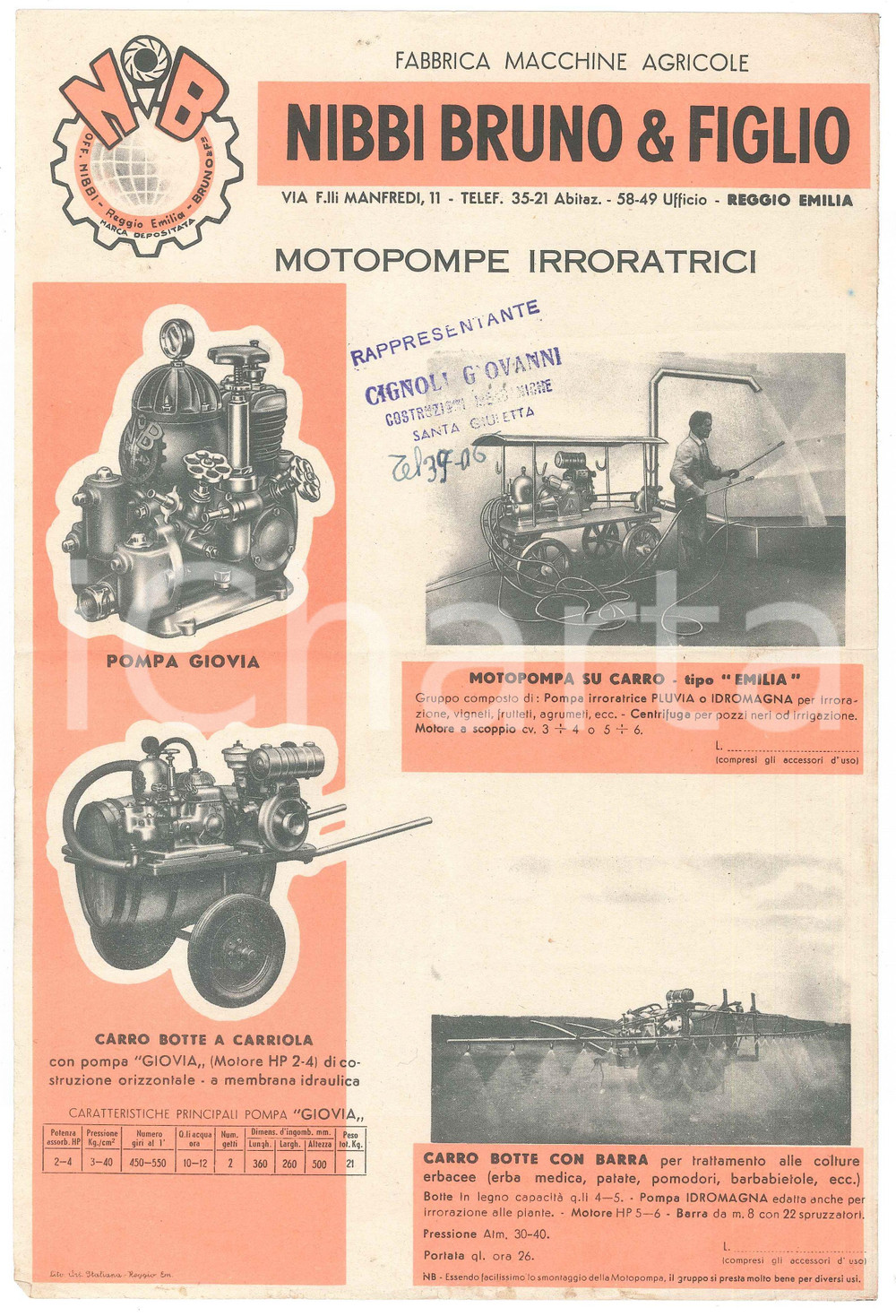Materiale pubblicitario d’epoca 1960 ca REGGIO EMILIA Fabbrica macchine agricole NIBBI Bruno & Figlio Volantino 1