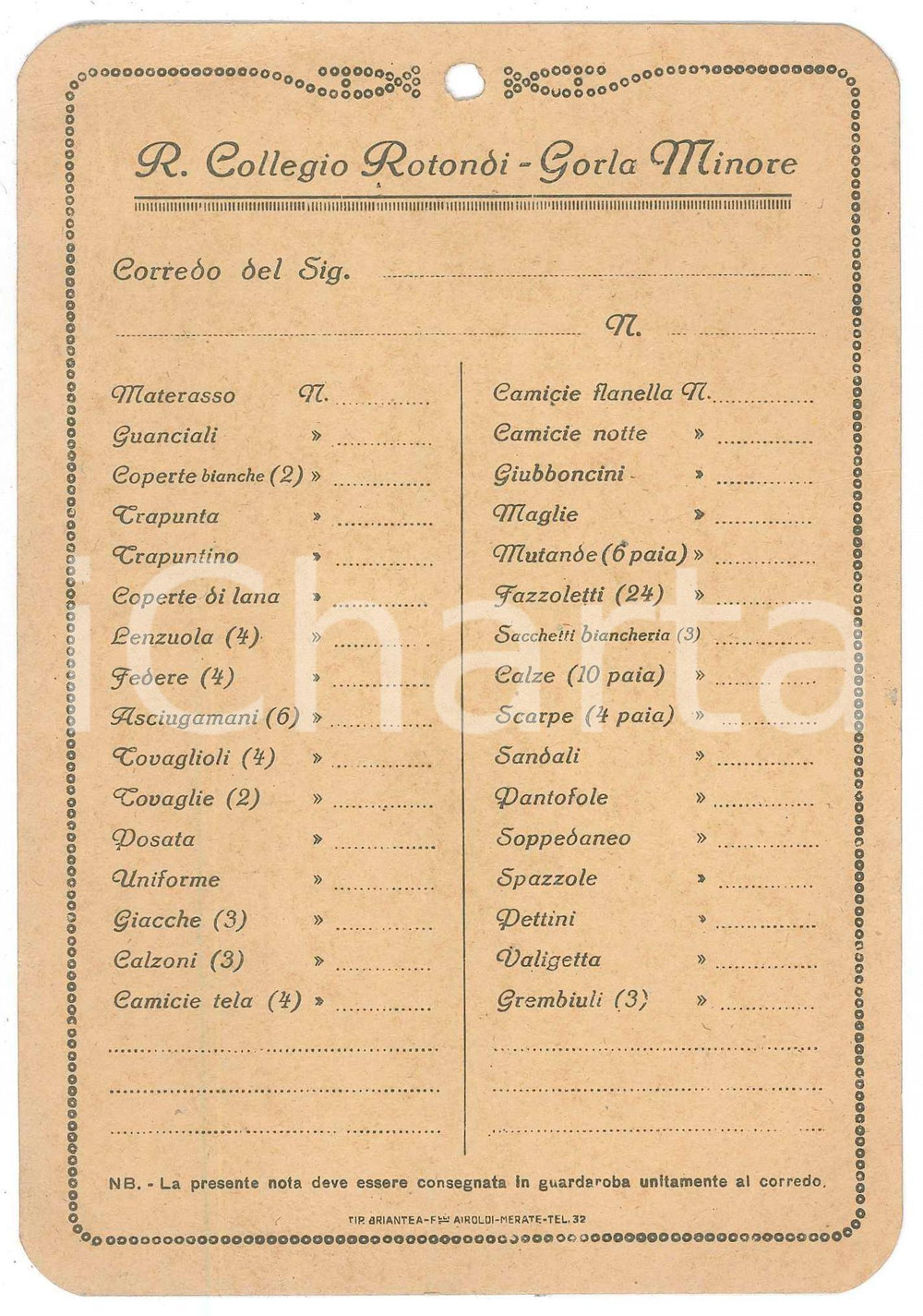 Documento originale, autentico 1915 ca GORLA MINORE  R. Collegio ROTONDI  Cartoncino corredo alunni 1