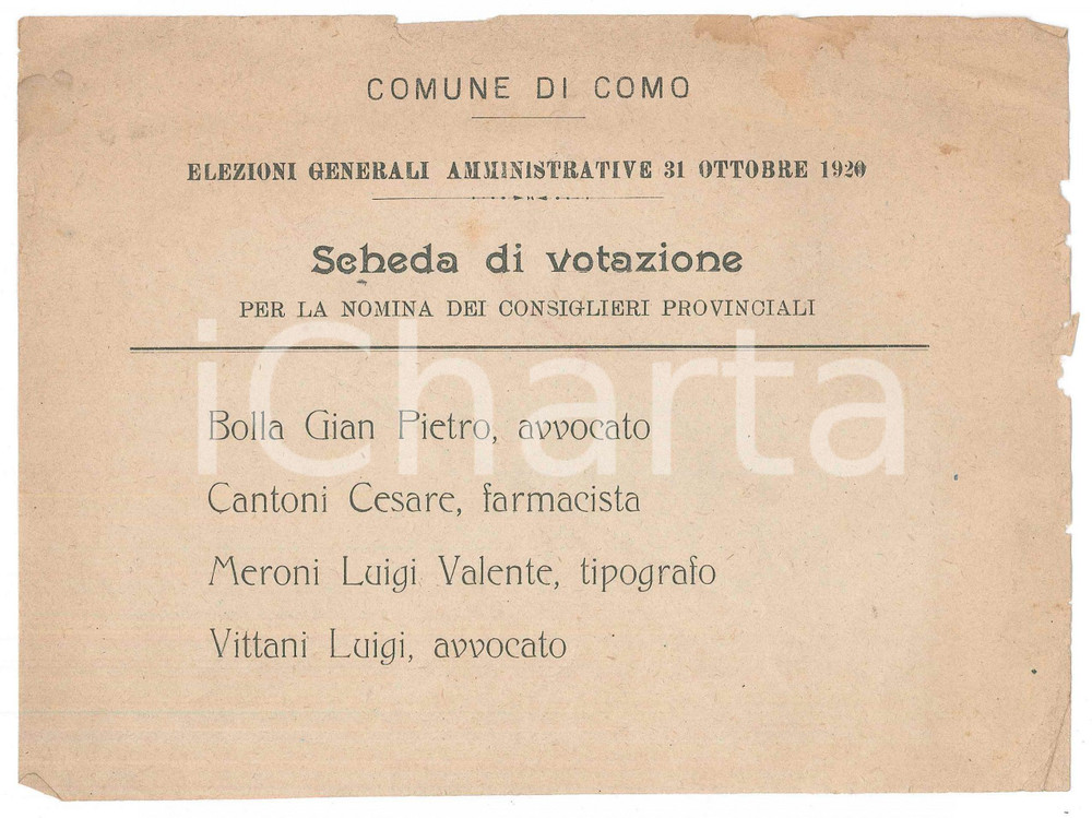 Documento originale, autentico 1920 COMO Elezioni amministrative  Scheda di votazione consiglieri provinciali 1