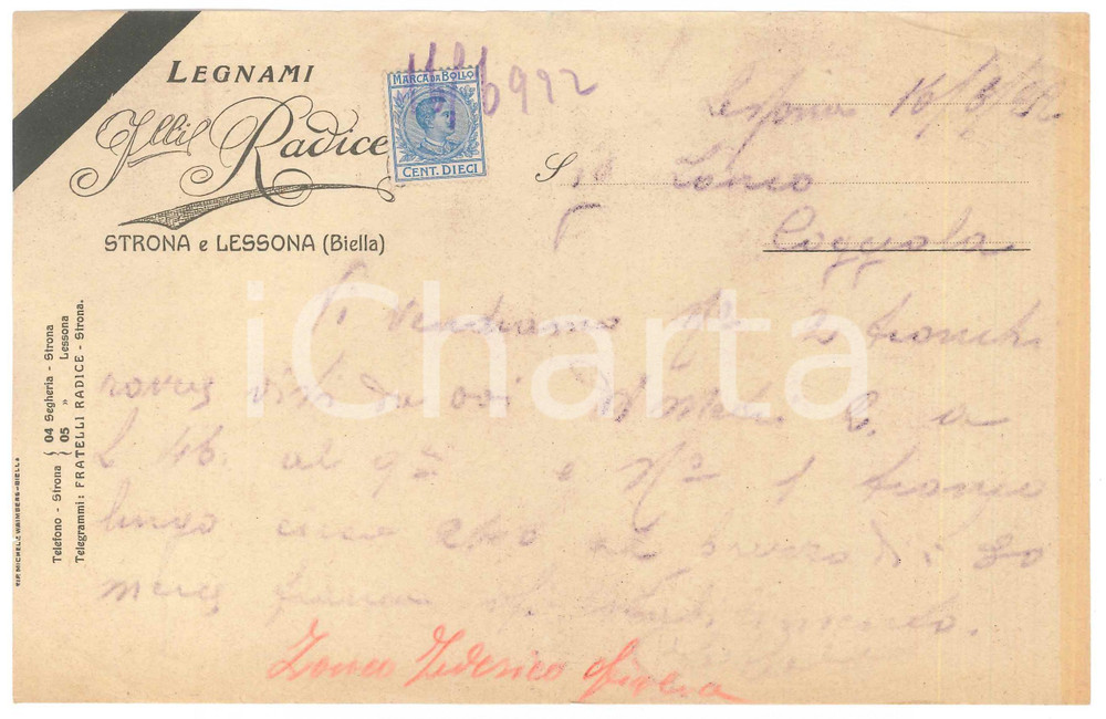 Documento originale, autentico 1922 LESSONA BI Legnami Fratelli RADICE  Lettera commerciale 1