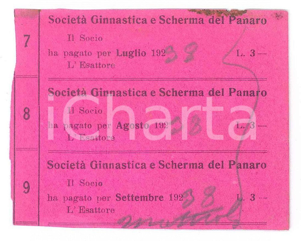 Oggetto da collezione cartaceo 1938 MODENA SocietÃ  Ginnastica e Scherma del PANARO  Ricevuta saldo socio 1