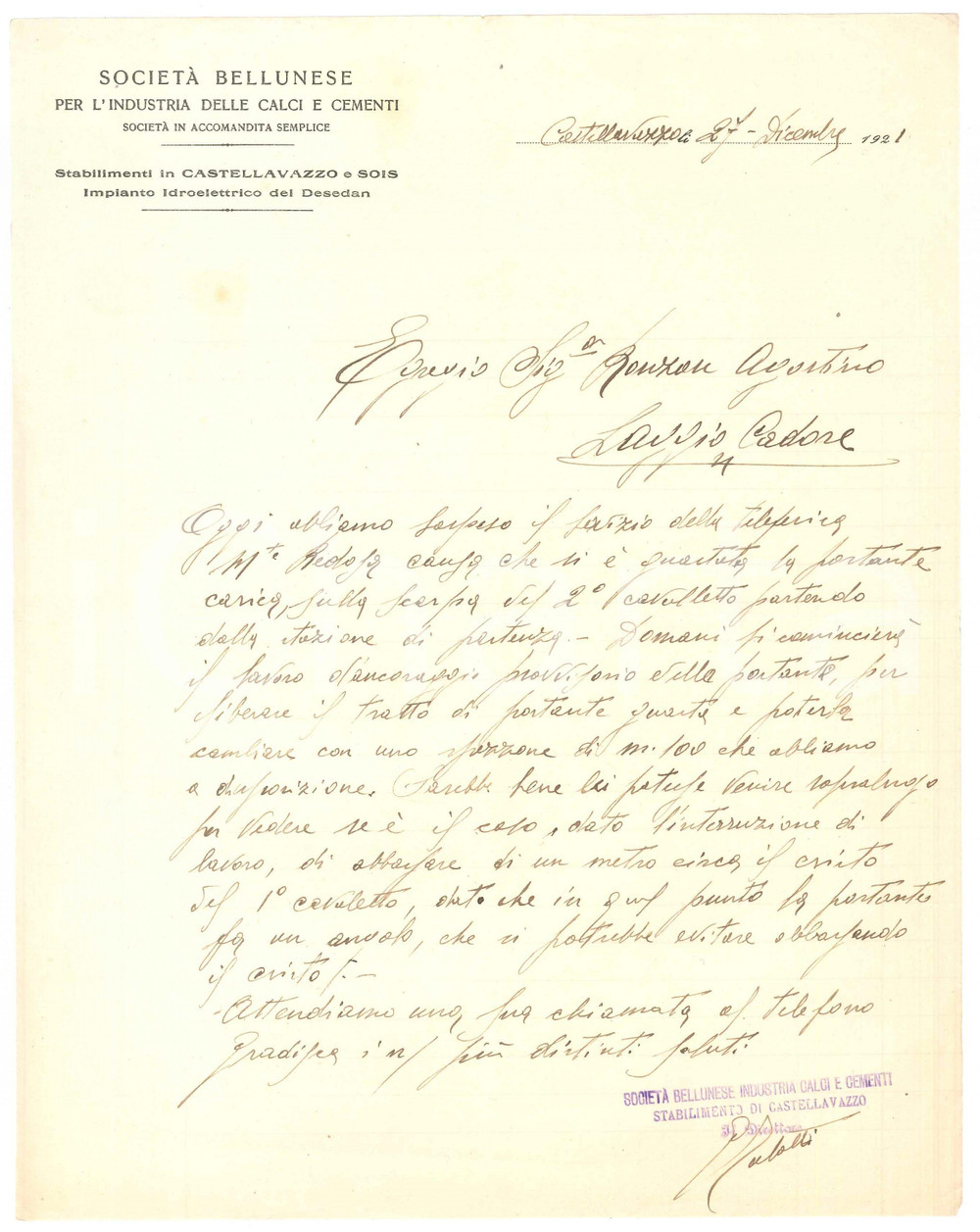 Documento originale, autentico 1921 CASTELLAVAZZO SocietÃ  Bellunese Calci e Cementi  Teleferica Monte Redosa 1