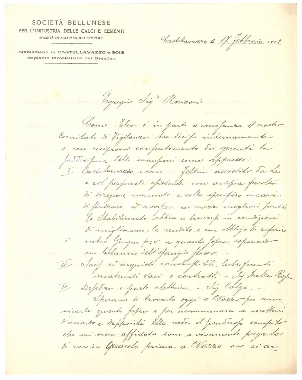 Documento originale, autentico 1922 CASTELLAVAZZO Società Bellunese Industria Calci e Cementi  Mansioni 1