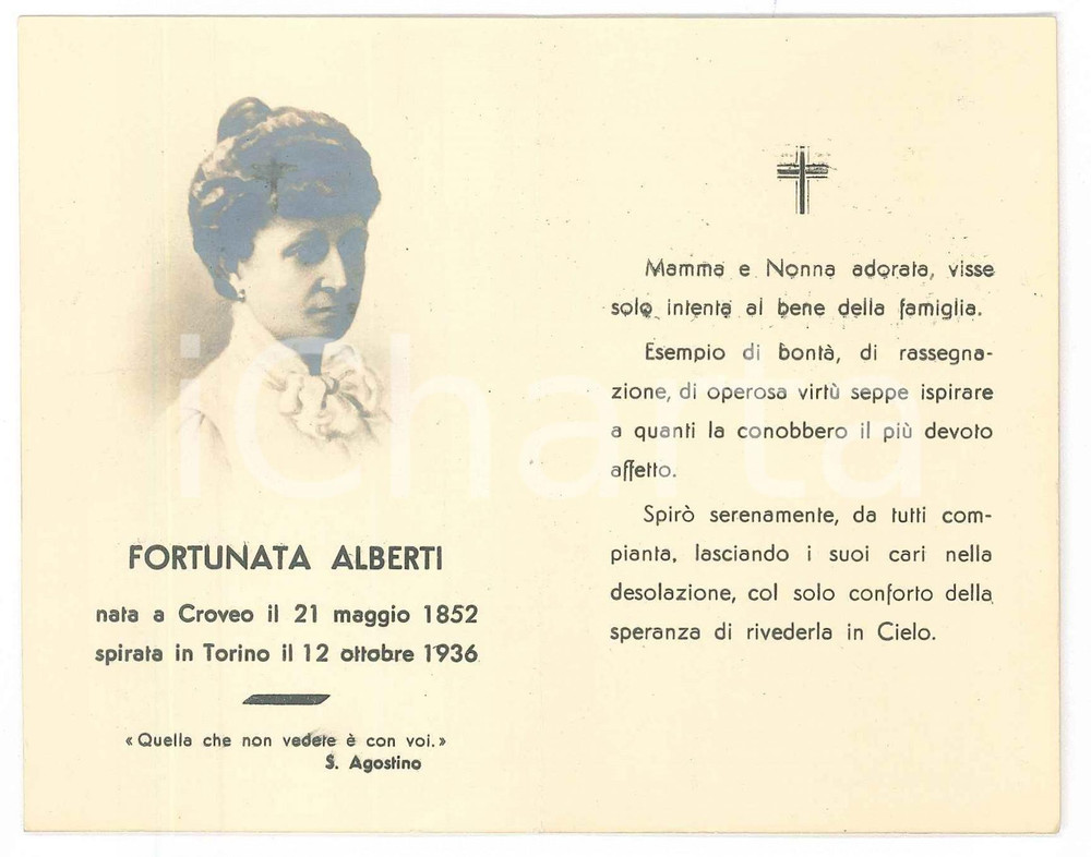 Oggetto da collezione cartaceo 1936 TORINO  Fortunata ALBERTI nata a Croveo  Santino 1