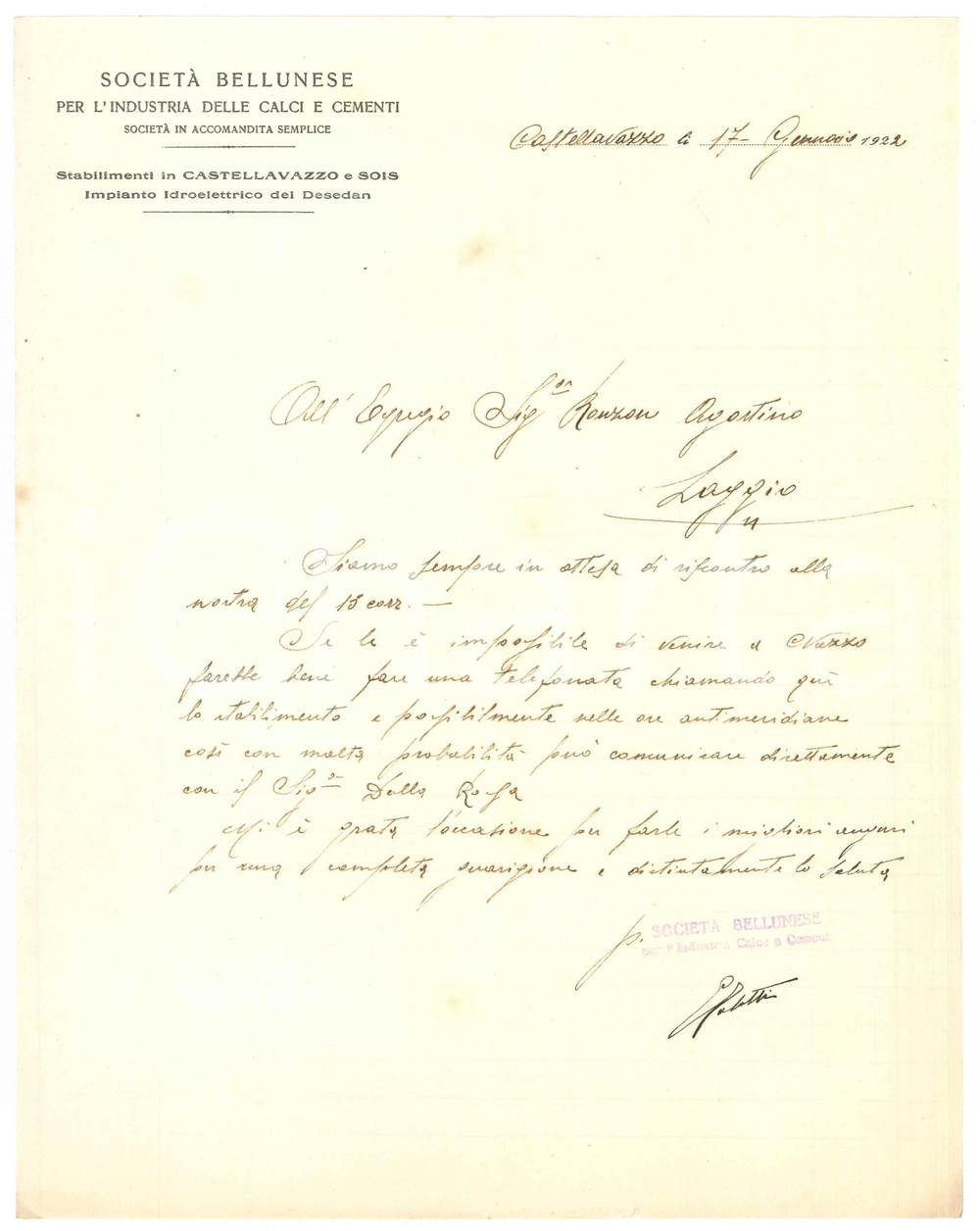 Documento originale, autentico 1922 CASTELLAVAZZO SocietÃ  Bellunese Industria Calci e Cementi  Lettera 1