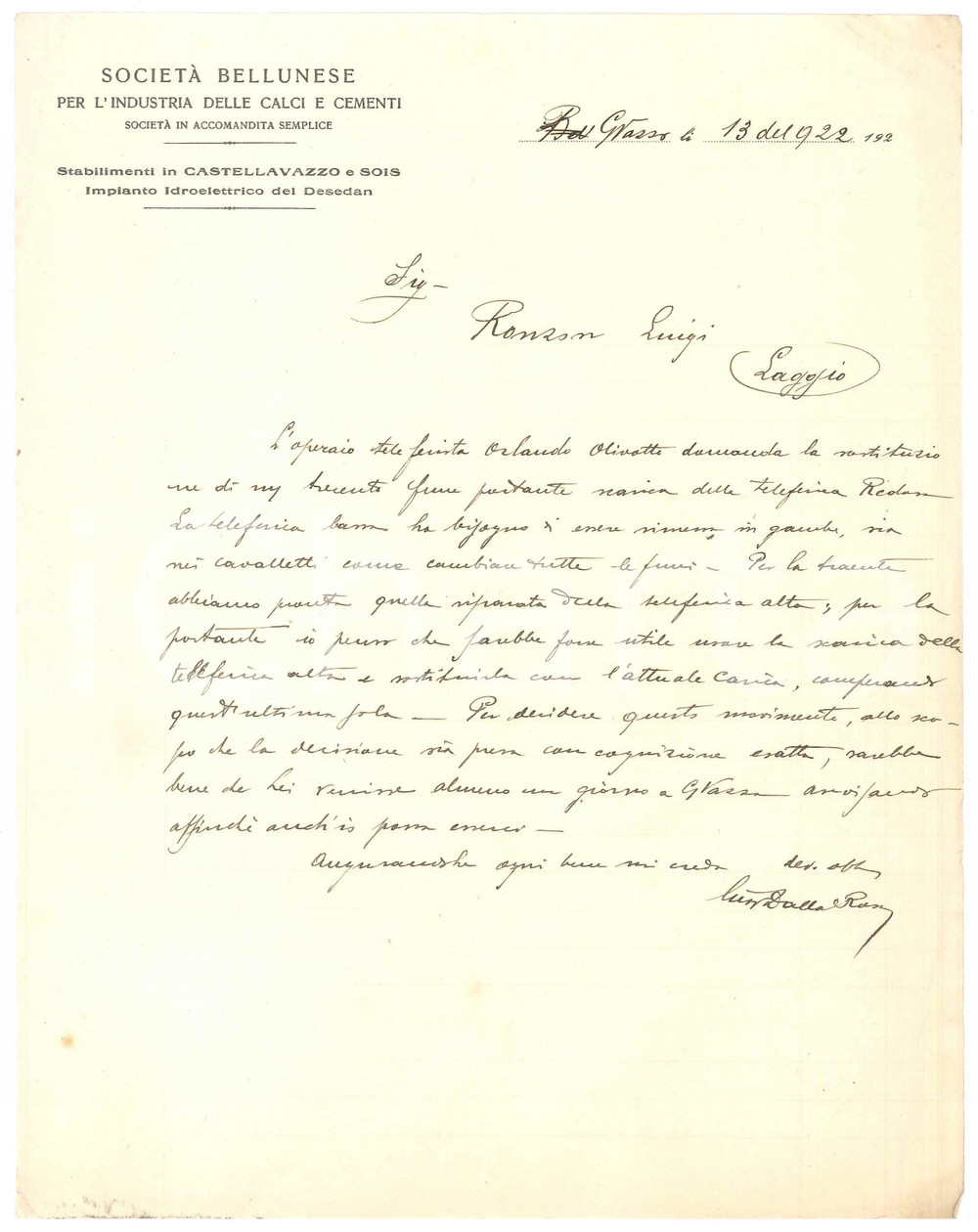 Documento originale, autentico 1922 BELLUNO SocietÃ  Industria Calci e Cementi  Sostituzione funi teleferica 1