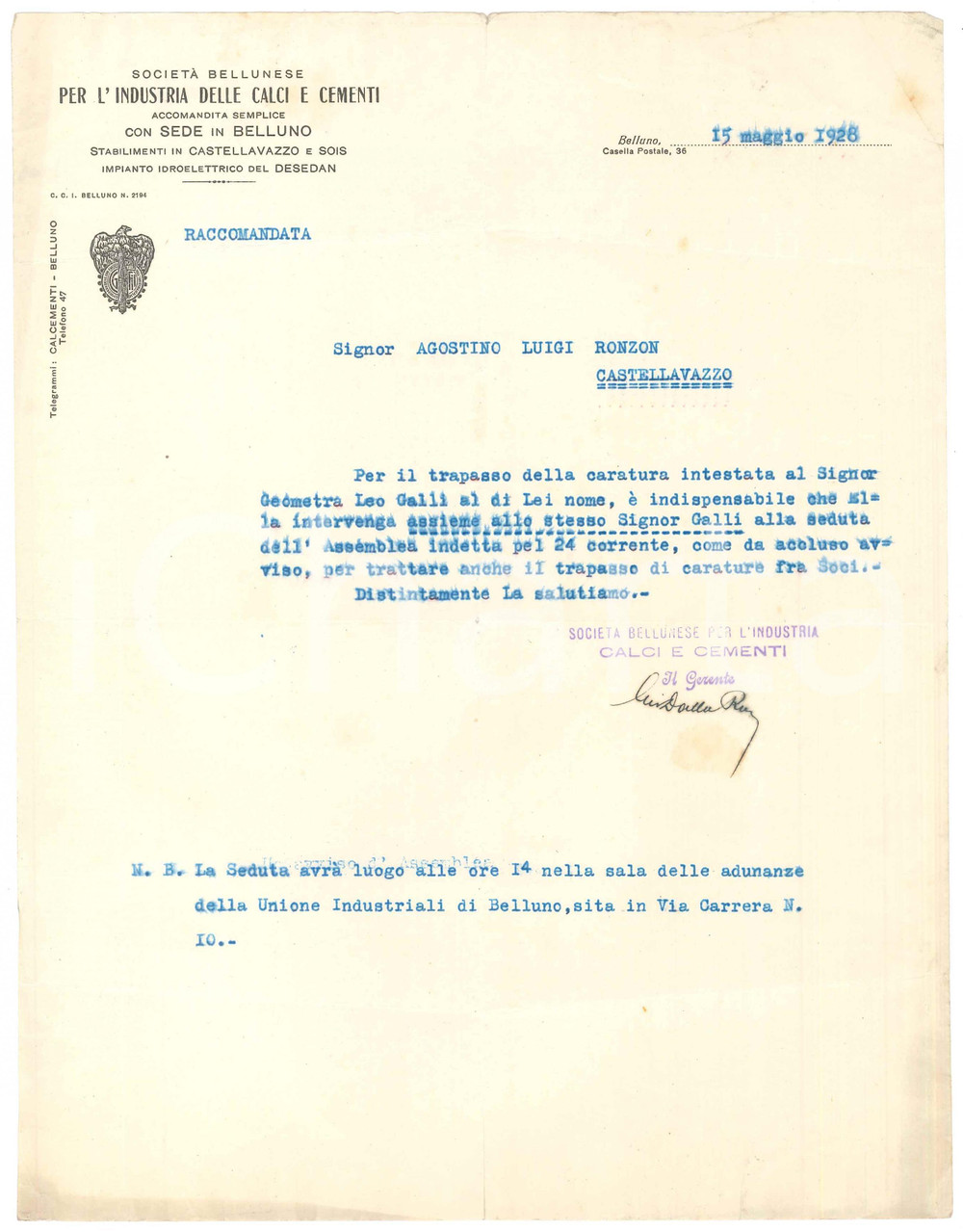 Documento originale, autentico 1928 BELLUNO SocietÃ  Industria Calci e Cementi  Trapasso caratura Leo Galli 1