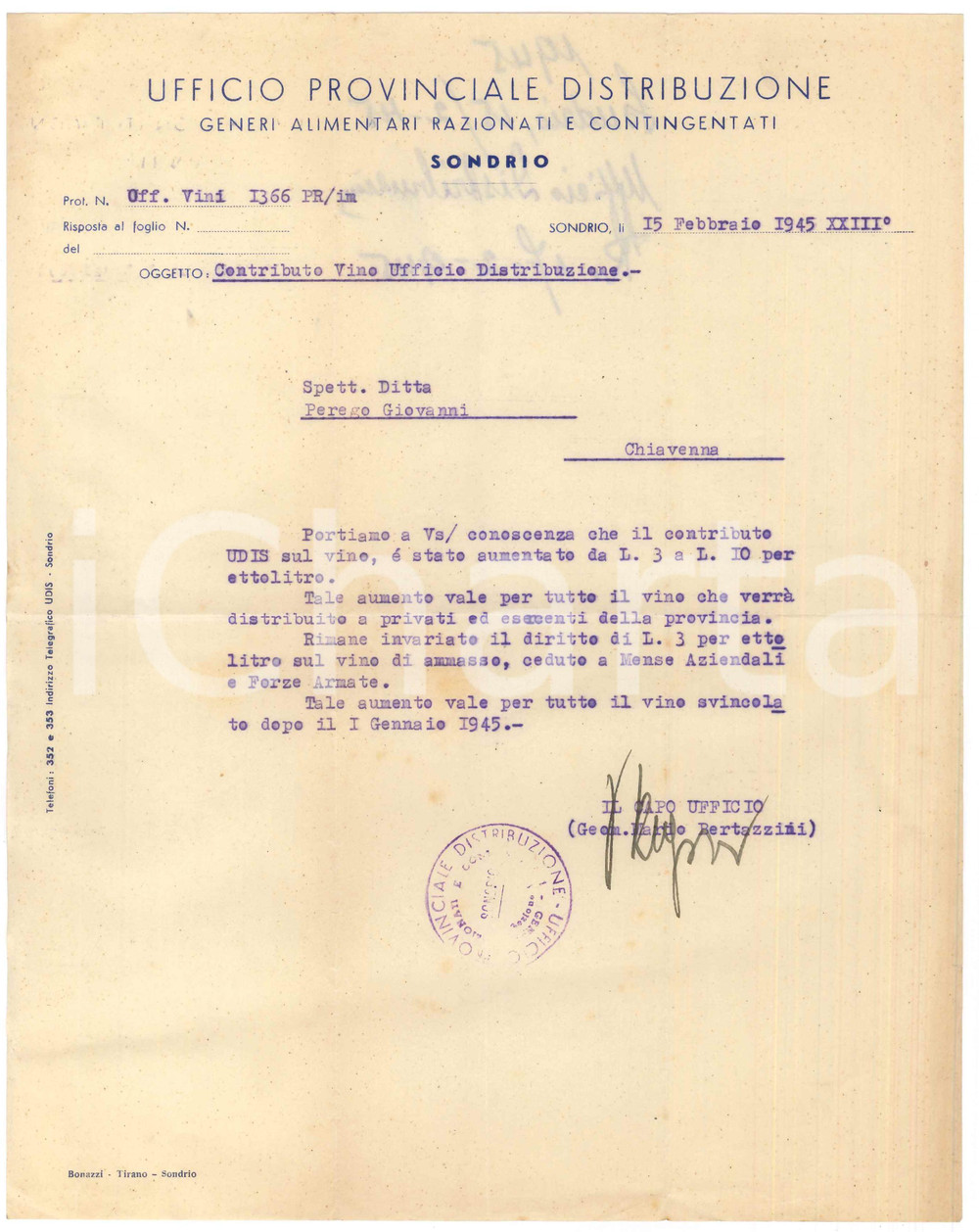 Documento originale, autentico 1945 SONDRIO Ufficio Generi Alimentari Razionati  Aumento contributo sul vino 1