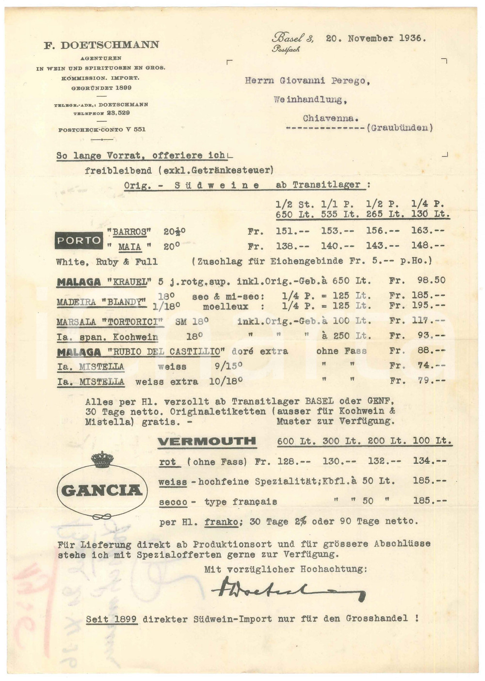 Documento originale, autentico 1936 BASEL  F. DOESTSCHMANN Agenturen  Lettera commerciale 1