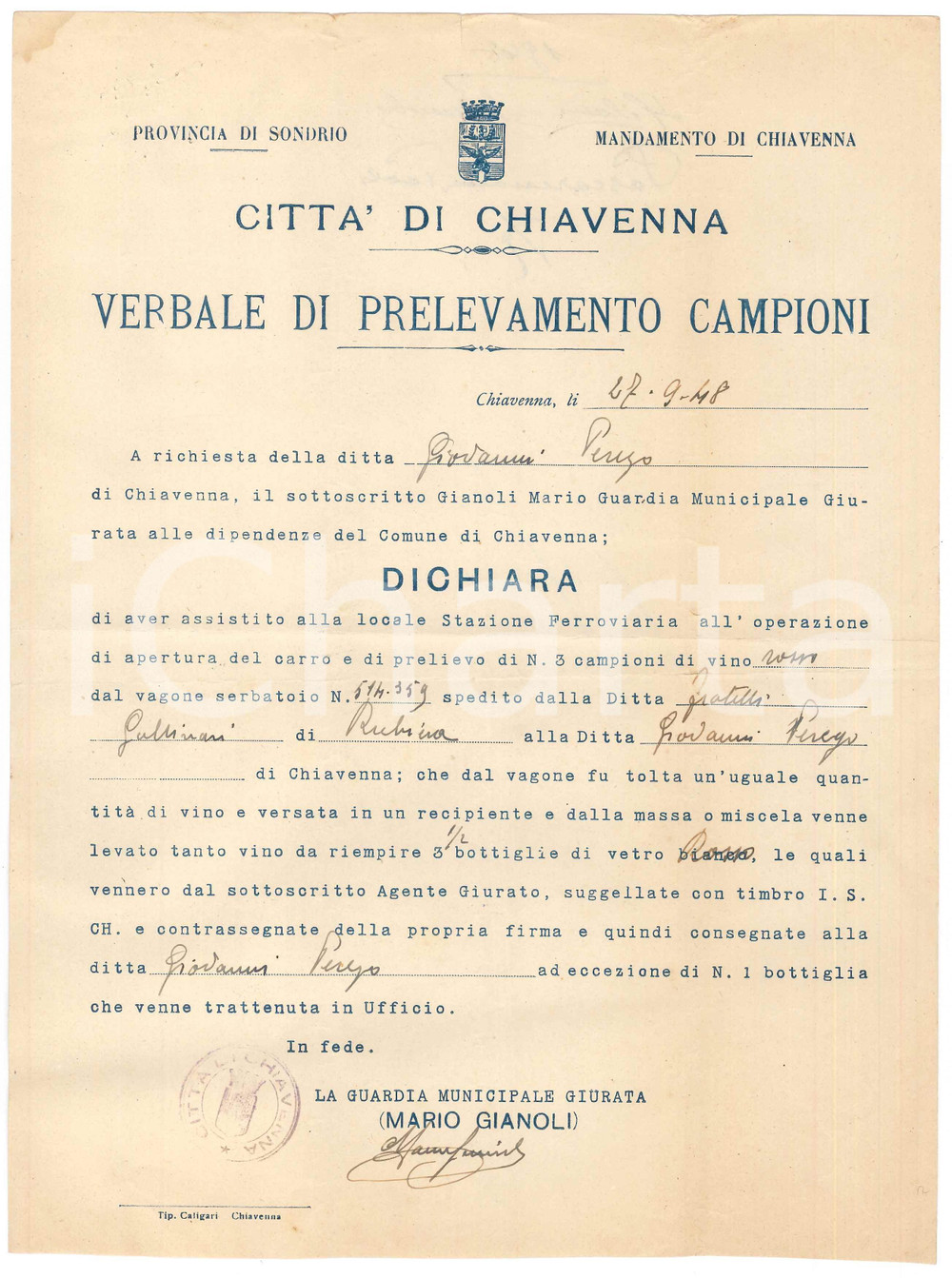 Documento originale, autentico 1948 CHIAVENNA SO Verbale prelevamento campioni di vino ditta Giovanni PEREGO 1