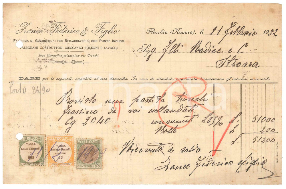 Documento originale, autentico 1922 FLECCHIA BI ZONCO Federico & Figlio  Fattura tronchi frassino 1
