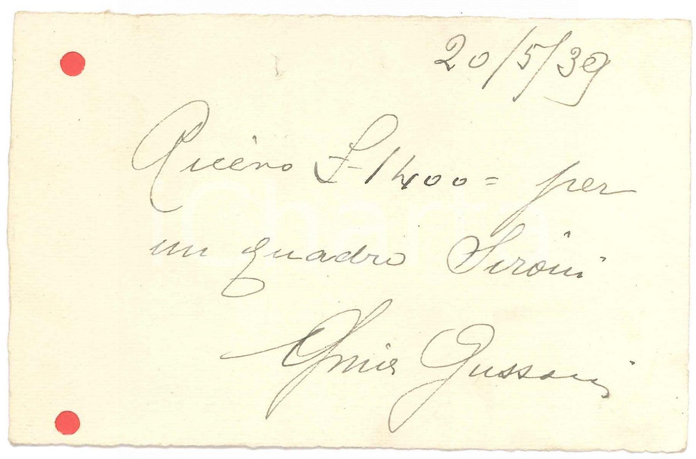 Documento originale, autentico 1939 s. l. MILANO ? Ricevuta Gino Gussoni per vendita quadro di Mario SIRONI 1